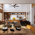 Cozy Duplex Living Room Interior With Wooden Beams Ceiling Fan And Large Windows