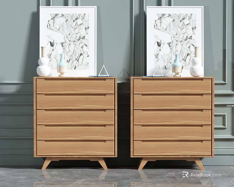 Modern Light Wood Dressers With Multiple Drawers And Decorative Items On Gray Wall Background 3d model 