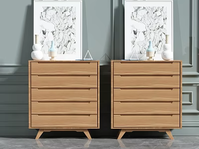 Modern Light Wood Dressers With Multiple Drawers And Decorative Items On Gray Wall Background 3d model
