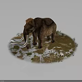 Woolly Mammoth With Long Tusks Standing In Snowy Habitat Surrounded By Grass And Small Plants