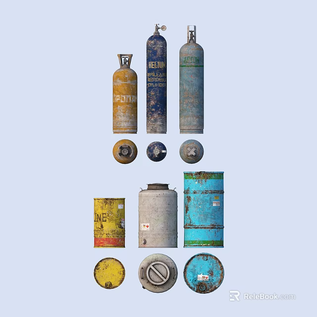 Household Gas Cylinders And Storage Barrels In Various Colors With Labeled Designs For Home Use 3d model 