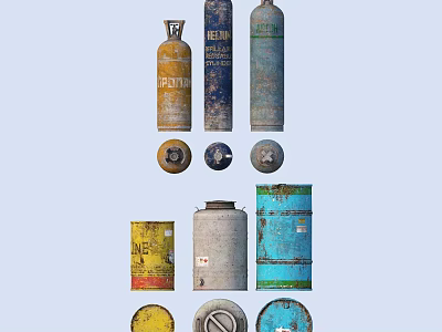 Household Gas Cylinders And Storage Barrels In Various Colors With Labeled Designs For Home Use 3d model