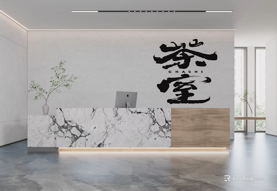 Elegant Tea Room Front Desk With Marble Countertop Wooden Elements Calligraphy Wall And Potted Plant 3d model 