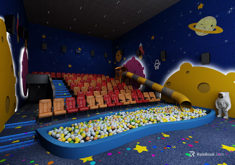 Space Themed Cinema With Colorful Seats Slide And Ball Pit For Kids 3d model 