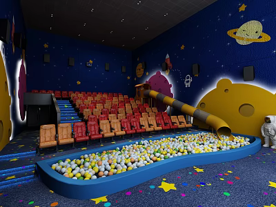 Space Themed Cinema With Colorful Seats Slide And Ball Pit For Kids 3d model