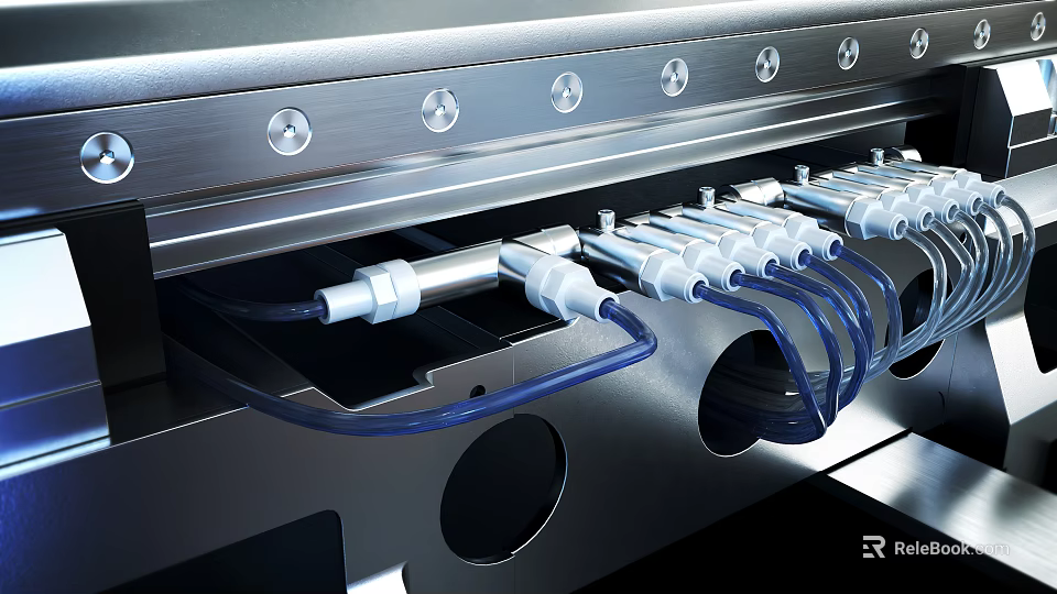 Industrial Equipment With Metallic Surface Multiple Control Knobs Blue Hoses And Connection Ports 3d model 