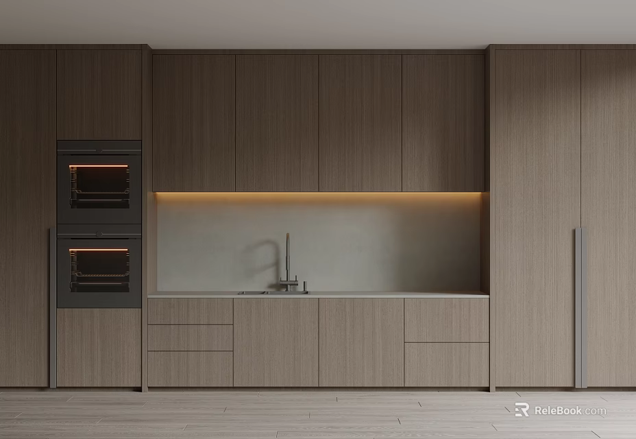 Modern Kitchen Interior With Wooden Cabinets Built in Oven Sink And Countertop 3d model 