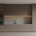 Modern Kitchen Interior With Wooden Cabinets Built in Oven Sink And Countertop