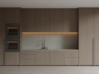 Modern Kitchen Interior With Wooden Cabinets Built in Oven Sink And Countertop 3d model