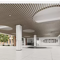 Front Desk Reception in Modern Lobby Featuring Wooden Slatted Ceiling Circular Cutouts And White Pillars