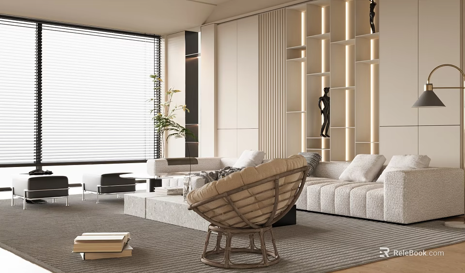 Modern Living Room Interior Design With White Sofa Woven Chair And Large Window 3d model 