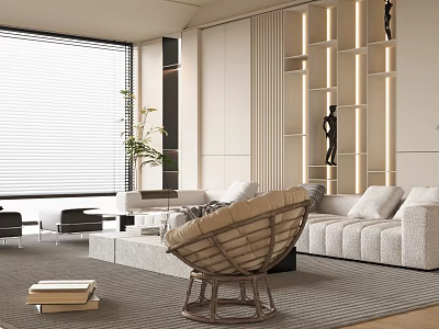 Modern Living Room Interior Design With White Sofa Woven Chair And Large Window 3d model