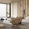 Modern Living Room Interior Design With White Sofa Woven Chair And Large Window