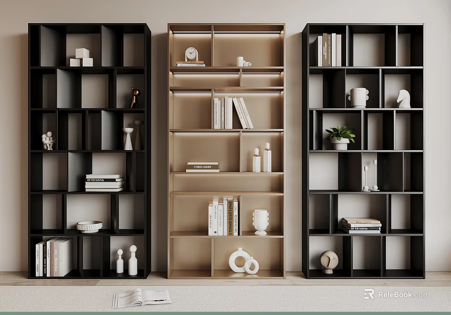 Multi Colored Shelving Units with Books Decorative Items and Potted Plants 3d model 