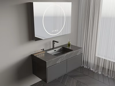 Modern Bathroom Cabinet with Illuminated Circular Mirror Under Mount Sink and Faucet 3d model