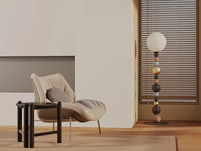 Modern Accent Chair with Beige Upholstery Small Side Table Floor Lamp and Window Blinds 3d model