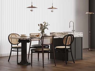 Modern Dining Table Set With Rattan Chairs Marble Countertop And Pendant Lights 3d model