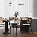 Modern Dining Table Set With Rattan Chairs Marble Countertop And Pendant Lights