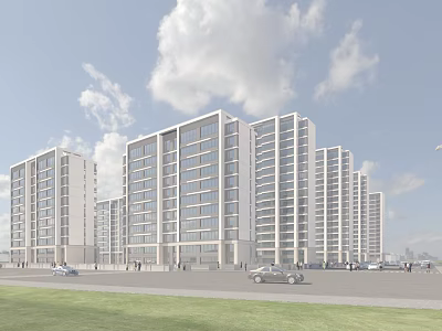 Modern Residential Buildings With Glass Curtain Walls Blue Sky White Clouds Lawn Cars And Pedestrians 3d model