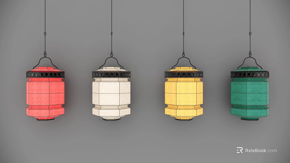 Colorful Traditional Hanging Lanterns in Red White Yellow Green for Decorative Use 3d model 