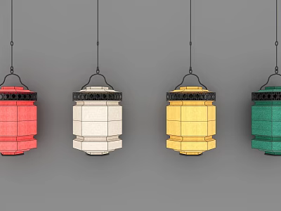 Colorful Traditional Hanging Lanterns in Red White Yellow Green for Decorative Use 3d model