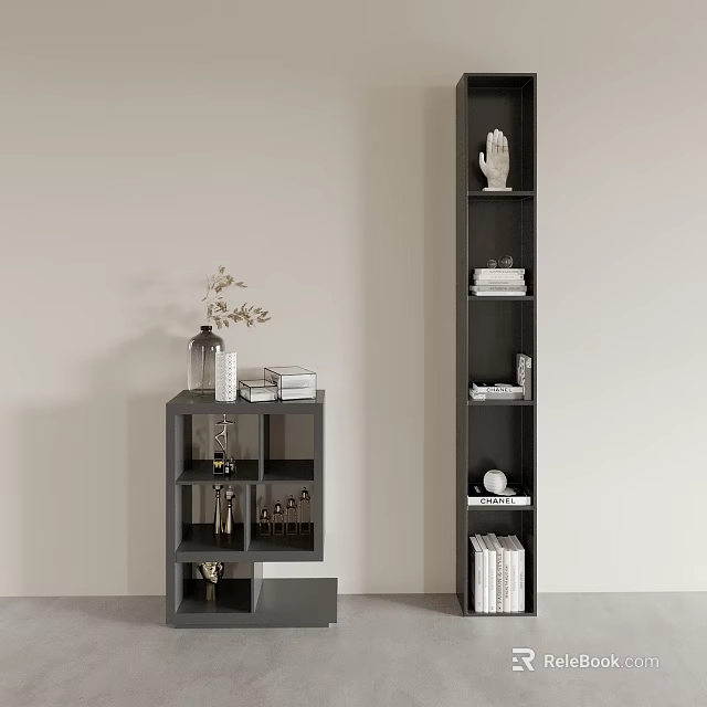 Modern Decorative Cabinet with Multiple Shelves Holding Books Vase and Decorations 3d model 