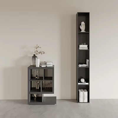 Modern Decorative Cabinet with Multiple Shelves Holding Books Vase and Decorations 3d model