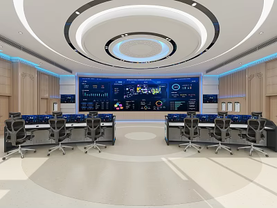 Modern Monitoring Room Interior With Digital Screens Control Desks And Chairs 3d model