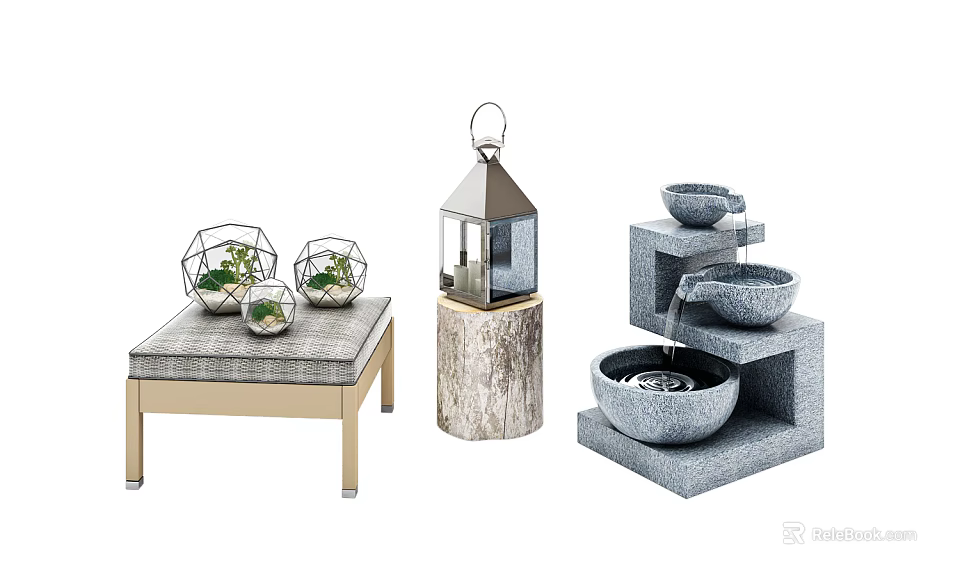 Stylish Garden Ornaments With Geometric Planters Wooden Lantern And Multi Tiered Stone Fountain 3d model 