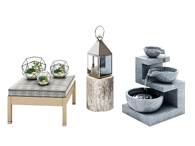 Stylish Garden Ornaments With Geometric Planters Wooden Lantern And Multi Tiered Stone Fountain 3d model