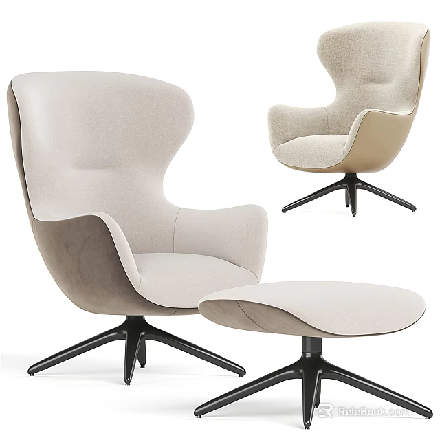Stylish Modern Beige Accent Chair With Ottoman And Black Metal Swivel Base 3d model 