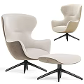 Stylish Modern Beige Accent Chair With Ottoman And Black Metal Swivel Base