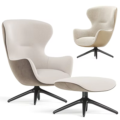Stylish Modern Beige Accent Chair With Ottoman And Black Metal Swivel Base 3d model