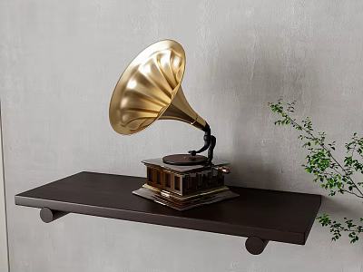 Golden Gramophone Instrument On Dark Wooden Shelf With Green Plant And Gray Wall 3d model