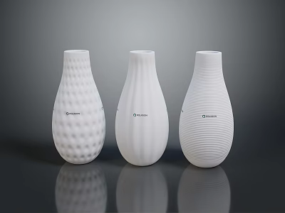 Green Plants In White Oraimo Vases With Textured Patterns On Dark Surface 3d model