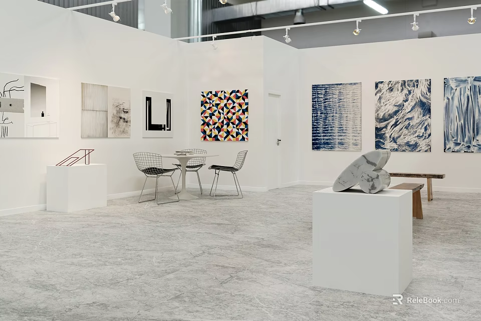 Modern Art Gallery Featuring Various Paintings Sculptures On Pedestals Tables Chairs And Gray Floor 3d model 
