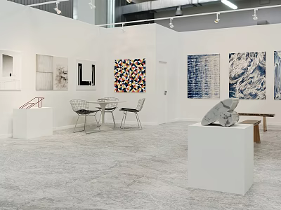 Modern Art Gallery Featuring Various Paintings Sculptures On Pedestals Tables Chairs And Gray Floor 3d model