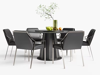 Modern Round Dining Table Set With Black Leather Chairs Metal Legs Green Vase And Fruits 3d model