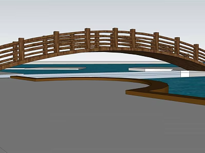 Wooden Arch Landscape Bridge With Railing Over Scenic Water Feature 3d model