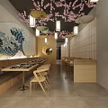 Japanese Restaurant Interior With Bar Counter Stone Top Wooden Wine Rack And Cherry Blossom Decor
