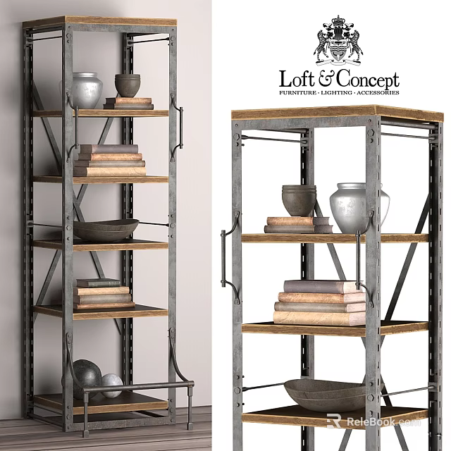 Loft Style Metal Frame Wooden Shelves Storage Unit With Ceramic Vases Books And Trays 3d model 