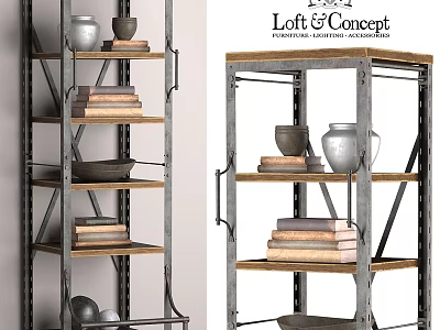 Loft Style Metal Frame Wooden Shelves Storage Unit With Ceramic Vases Books And Trays 3d model