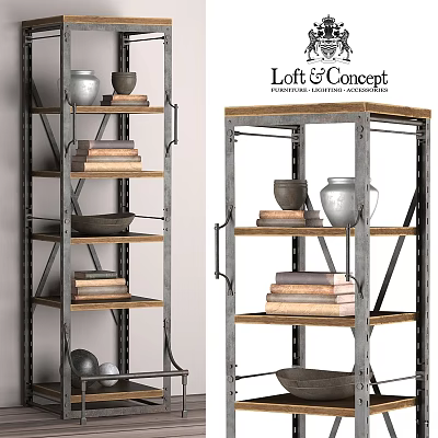 Loft Style Metal Frame Wooden Shelves Storage Unit With Ceramic Vases Books And Trays 3d model