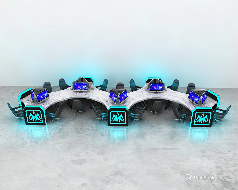 Gaming Curved Desk With Multiple Monitors Blue Lighting Chairs And Logo Design 3d model