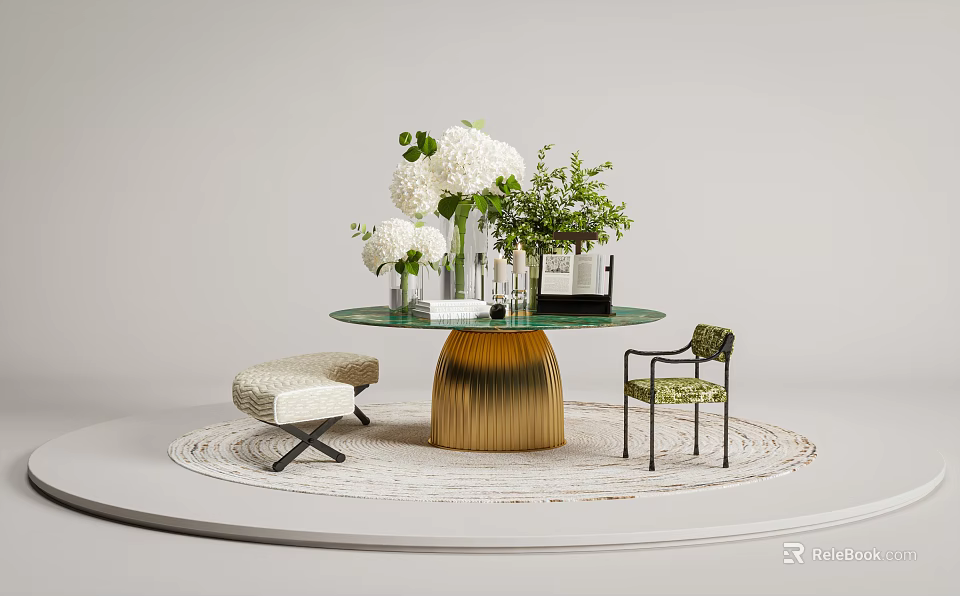 Elegant Console Table With Green Glass Top Gold Base White Flowers And Chairs On Rug 3d model 