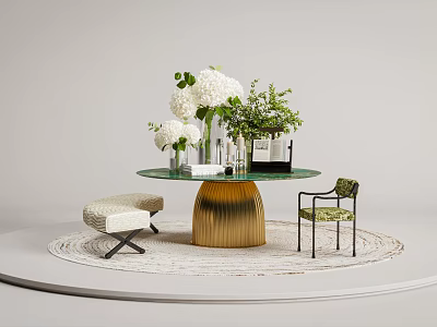 Elegant Console Table With Green Glass Top Gold Base White Flowers And Chairs On Rug 3d model
