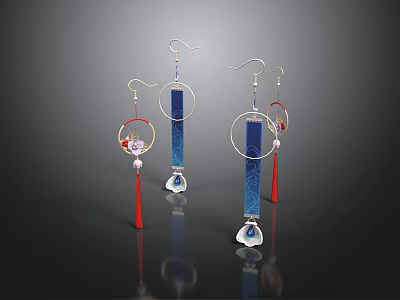 Stylish Daily Life Accessories Blue Circular Earrings With Red Tassels And White Ornaments 3d model