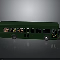 Dark Green Bus with Multiple Windows Doors and Interior Seats on Gray Background with Reflection
