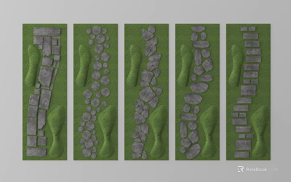 Decorative Garden Pathway Designs With Different Stone Slab Arrangements On Grass Lawn 3d model 
