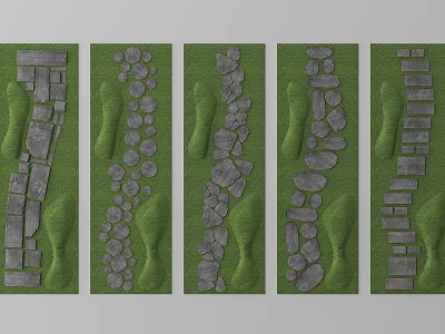 Decorative Garden Pathway Designs With Different Stone Slab Arrangements On Grass Lawn 3d model
